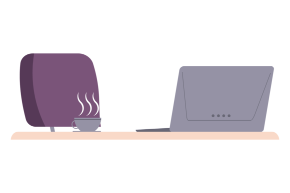 Empty Work Desk with Laptop and Hot Coffee
