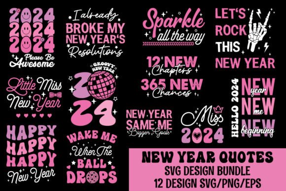 Pink New Year 2024 SVG Quotes Bundle